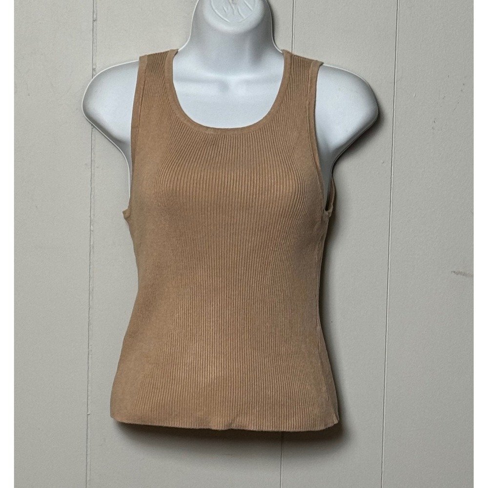 Rachel Zoe Tan Ribbed Knit Tank Top Scoop Neck Sleeveless Viscose Blend Size M
